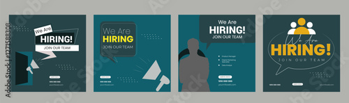 Join our team banners. We are hiring communication poster, help wanted advertising banner with speaker and vacant badge. Hr recruiting hire, vacancy job offer isolated vector signs set
