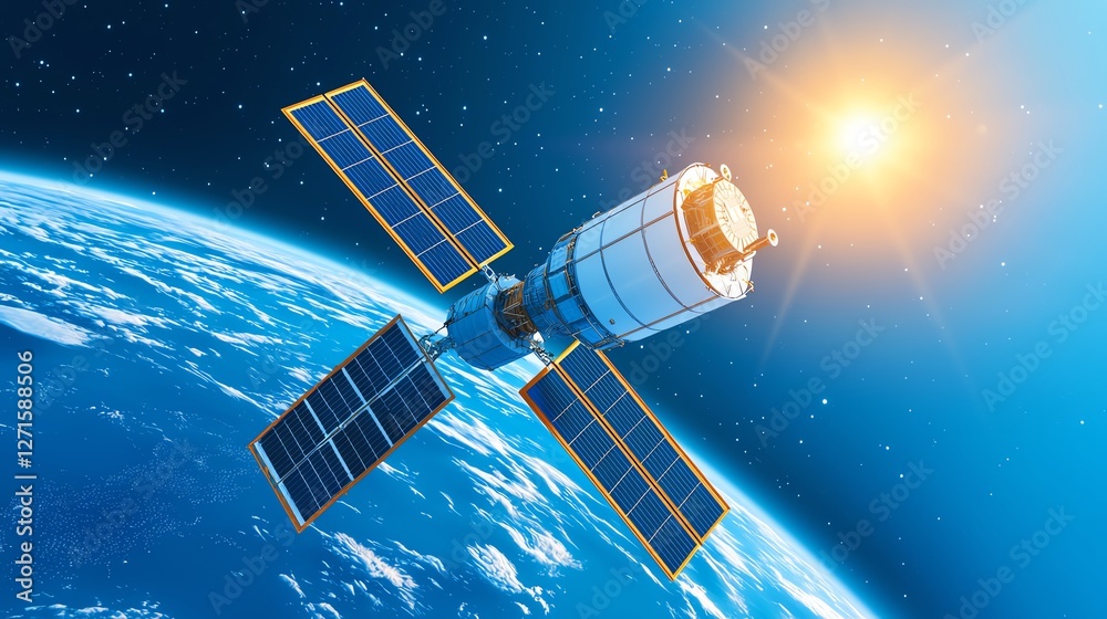A stunning satellite in orbit around Earth, capturing solar energy with its panels against a backdrop of space and sunlight. A stunning satellite in orbit around Earth, capturing solar energy with its panels against a backdrop of space and sunlight.