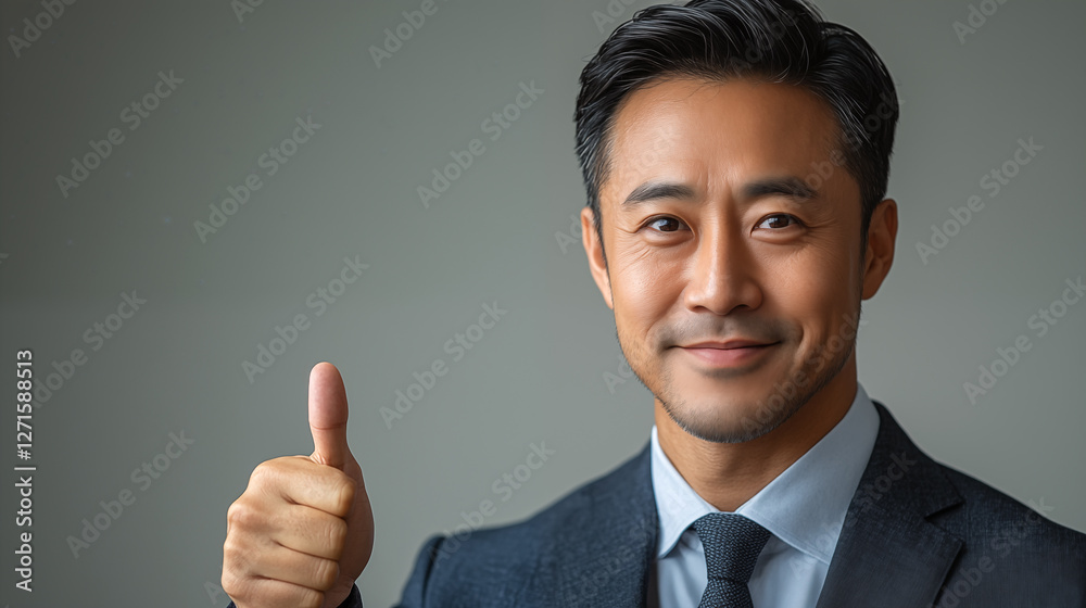 Asian business man showing thumbs up gesture. Successful asian business man in suit on grey background. Asian business man showing thumbs up gesture. Successful asian business man in suit on grey background.