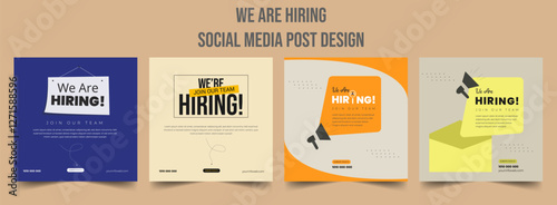 Join our team banners. We are hiring communication poster, help wanted advertising banner with speaker and vacant badge. Hr recruiting hire, vacancy job offer isolated vector signs set