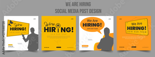 Join our team banners. We are hiring communication poster, help wanted advertising banner with speaker and vacant badge. Hr recruiting hire, vacancy job offer isolated vector signs set