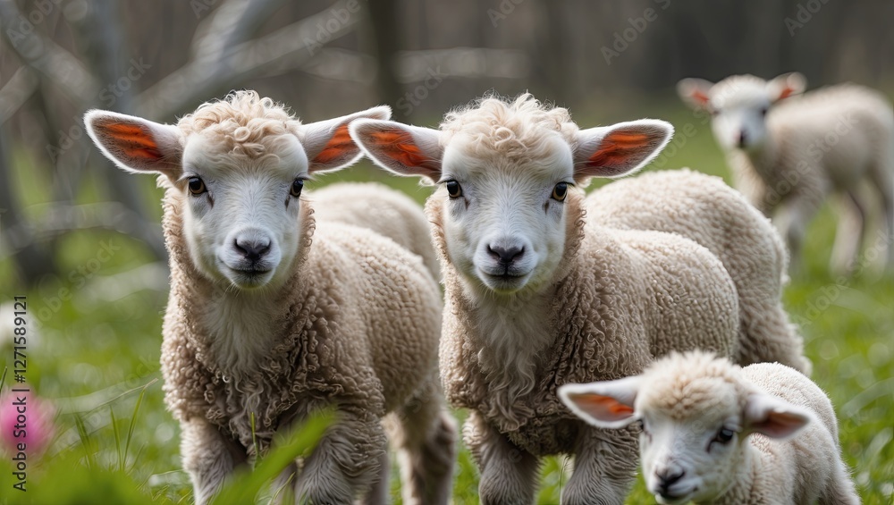 A group of playful lambs in a lush green field, showcasing their fluffy wool and curious expressions under natural sunlight A group of playful lambs in a lush green field, showcasing their fluffy wool and curious expressions under natural sunlight