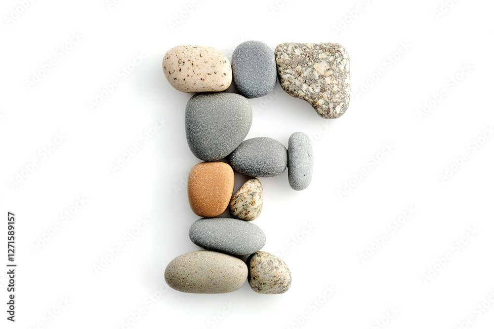 Pebble Letter F: Unique, Natural Alphabet Design. Perfect for branding, logos, websites, and crafting projects. High-resolution image featuring a stylish, minimalist letter F formed with smooth, white Pebble Letter F: Unique, Natural Alphabet Design. Perfect for branding, logos, websites, and crafting projects. High-resolution image featuring a stylish, minimalist letter F formed with smooth, white