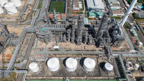 Aerial  view Industry Oil refinery oil and gas refinery background, Business petrochemical industrial, Refinery oil and gas factory power and fuel energy, Ecosystem estates. Fuel refinery industry