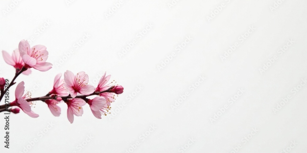 Fototapeta premium Delicate Pink Blossoms on a Branch Against a White Background, a Simple and Elegant Floral Image Ideal for Springtime Designs or Greeting Cards