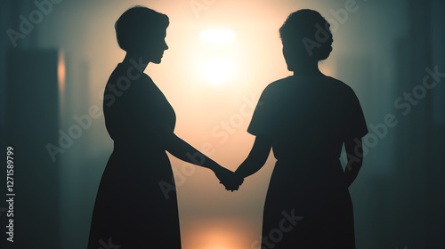 Emotional connection of two women silhouetted in an intimate dimly lit room