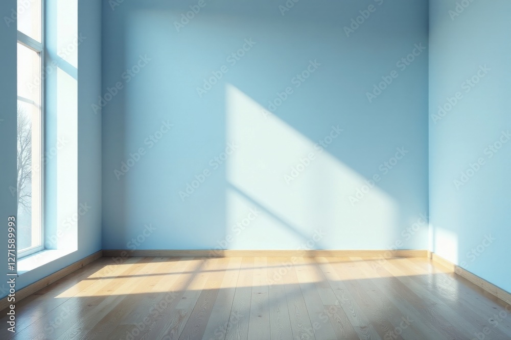 Sunlit Empty Room with Light Blue Walls and Wooden Floor, Ideal for Interior Design and Real Estate Presentations Sunlit Empty Room with Light Blue Walls and Wooden Floor, Ideal for Interior Design and Real Estate Presentations