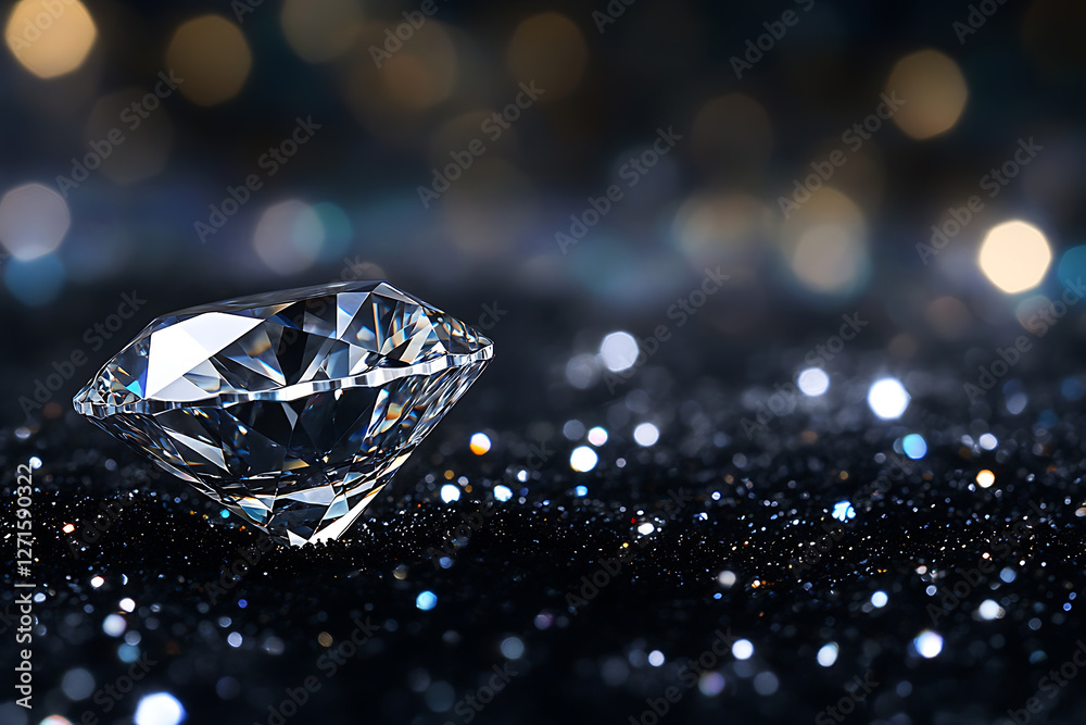 A brilliant-cut diamond resting on a shimmering dark surface with a luxurious bokeh background. This high-quality macro shot highlights the diamond’s clarity, reflections. A brilliant-cut diamond resting on a shimmering dark surface with a luxurious bokeh background. This high-quality macro shot highlights the diamond’s clarity, reflections.