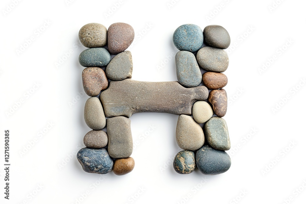 Stone Letter H: Creative Pebble Alphabet, Nature Typography, White Background, Rustic Charm, Elegant Design, Handcrafted Feel, Smooth Stones, Natural Texture, Perfect for Branding, Logo Design, Stone Letter H: Creative Pebble Alphabet, Nature Typography, White Background, Rustic Charm, Elegant Design, Handcrafted Feel, Smooth Stones, Natural Texture, Perfect for Branding, Logo Design,