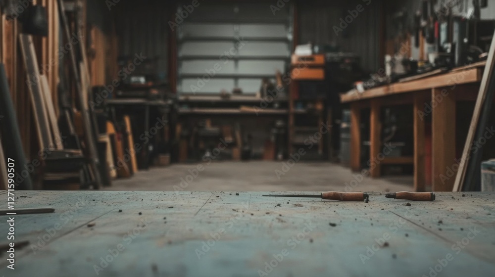 Empty workshop interior with tools and workbenches. Possible use Stock photo Empty workshop interior with tools and workbenches. Possible use Stock photo