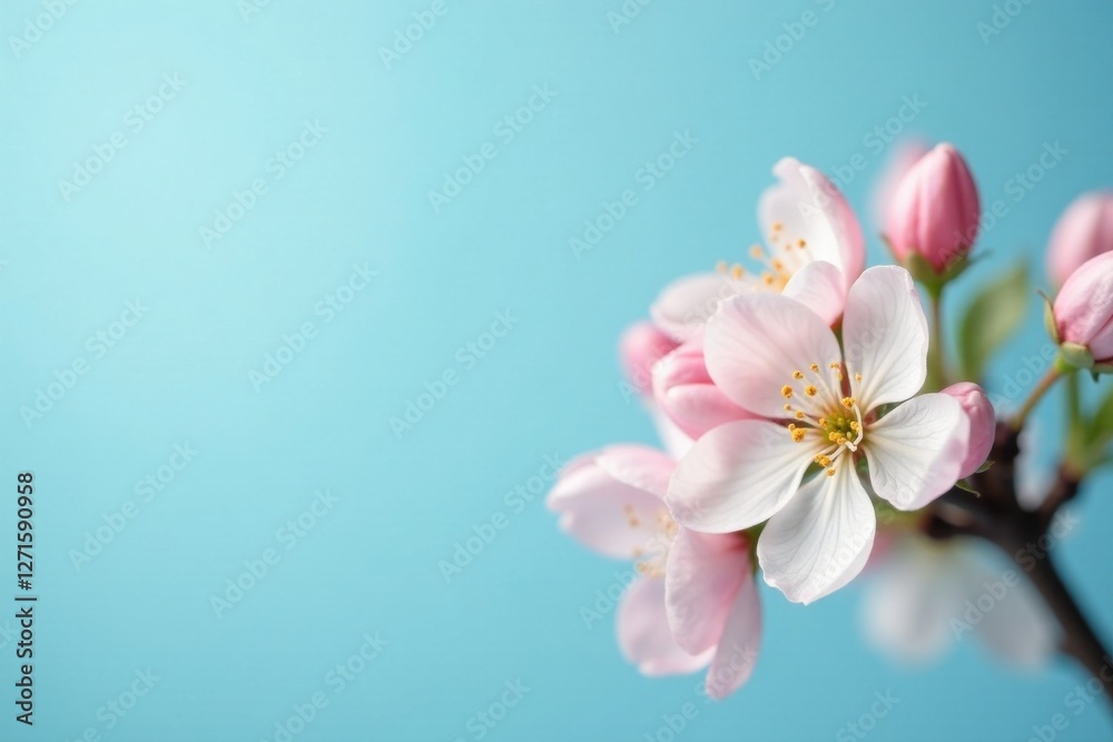Delicate Pink Blossoms on a Branch Against a Light Blue Background, a Symbol of Spring's Gentle Arrival and the Promise of New Beginnings Delicate Pink Blossoms on a Branch Against a Light Blue Background, a Symbol of Spring's Gentle Arrival and the Promise of New Beginnings