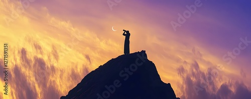 Silhouetted figure on a peak looking through a telescope