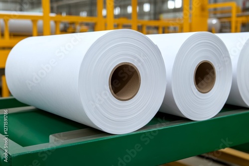 A paper manufacturing mill, with massive rolls of freshly processed paper