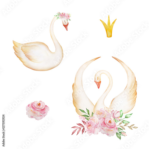 Wallpaper Mural Set of Watercolor White Princess Swan with crown, romantic bird with pink roses bouquet Torontodigital.ca