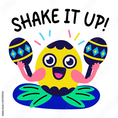 A comic style sticker of a fruit holding maracas with shake it up typography