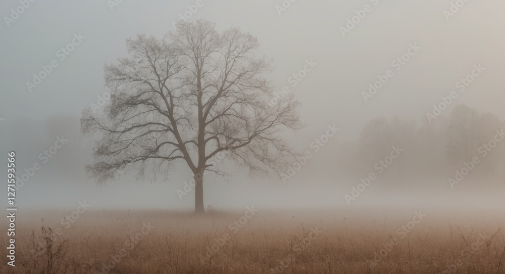 Fog covering a field with a bare tree during an autumn morning. Fog covering a field with a bare tree during an autumn morning.