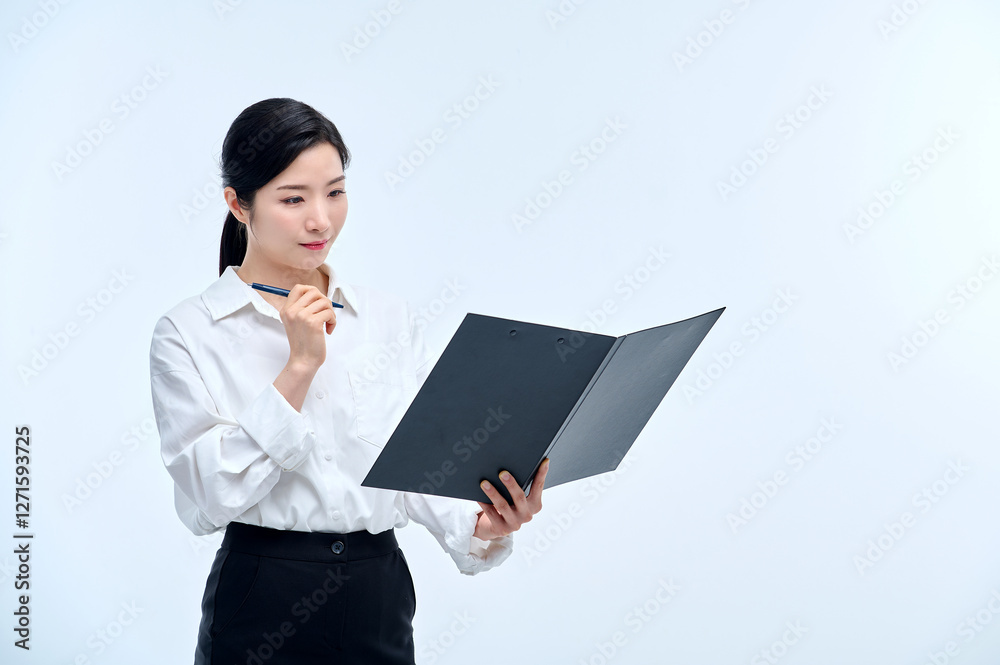 A beautiful Asian woman is making various facial expressions and gestures while holding a document file and a ballpoint pen for business.
A beautiful Asian woman is making various facial expressions and gestures while holding a document file and a ballpoint pen for business.