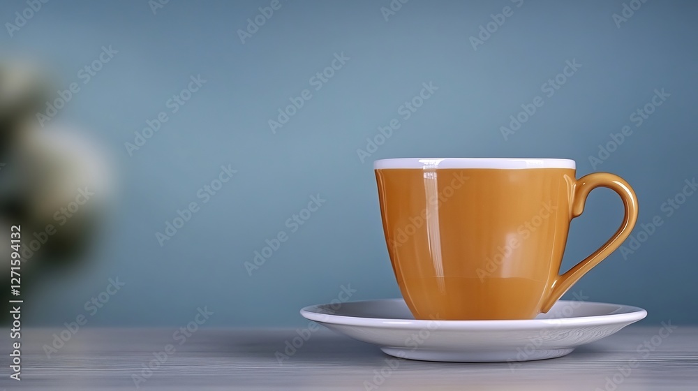 Warm amber coffee cup rests gently on saucer soft light background. AI Generated Warm amber coffee cup rests gently on saucer soft light background. AI Generated