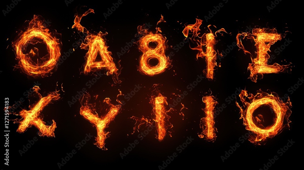 Fiery alphabet letters and numbers on black background. Fiery alphabet letters and numbers on black background.
