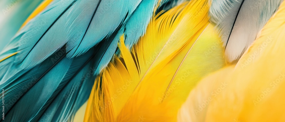 Obraz premium Colorful Macaw Feather Textures Close-Up Shot for Nature and Wildlife Photography Enthusiasts - Vibrant Blue and Yellow Patterns