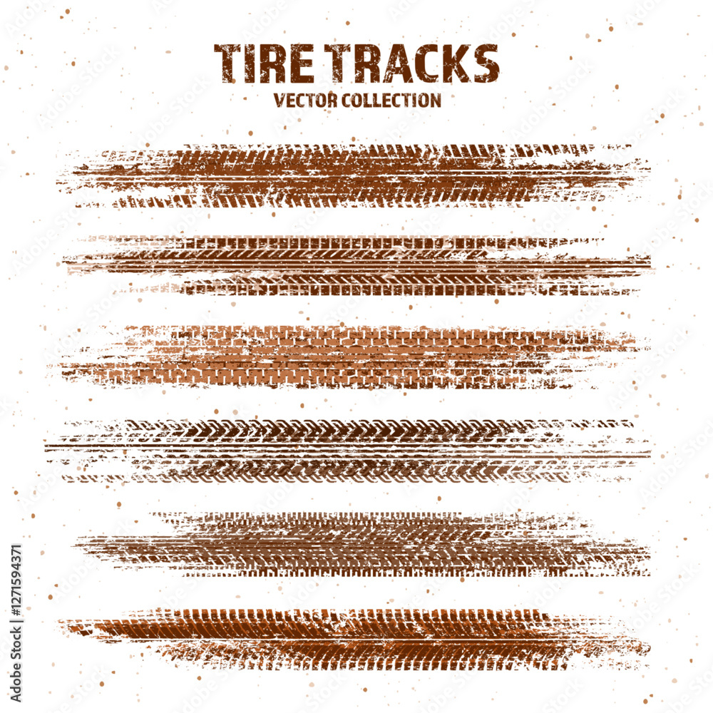 Fototapeta premium Grunge tire tracks with mud splatters, dirty wheel braking marks. Truck, car, or motorcycle tread pattern silhouettes. Perfect for off-road, motorsport, and racing designs. Vector illustration