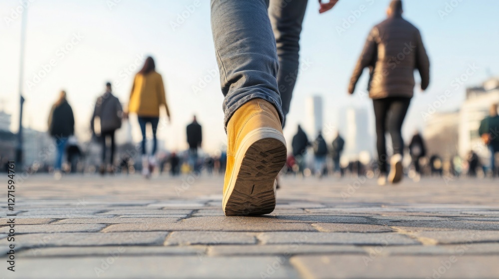 Fototapeta premium Pedestrian walking on city sidewalk, blurred background