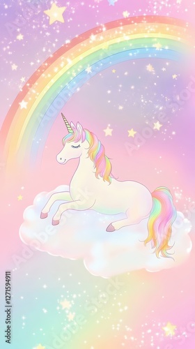 Wallpaper Mural Whimsical pastel rainbow background with sparkling stars, unicorn on fluffy cloud in fantasy sky Torontodigital.ca