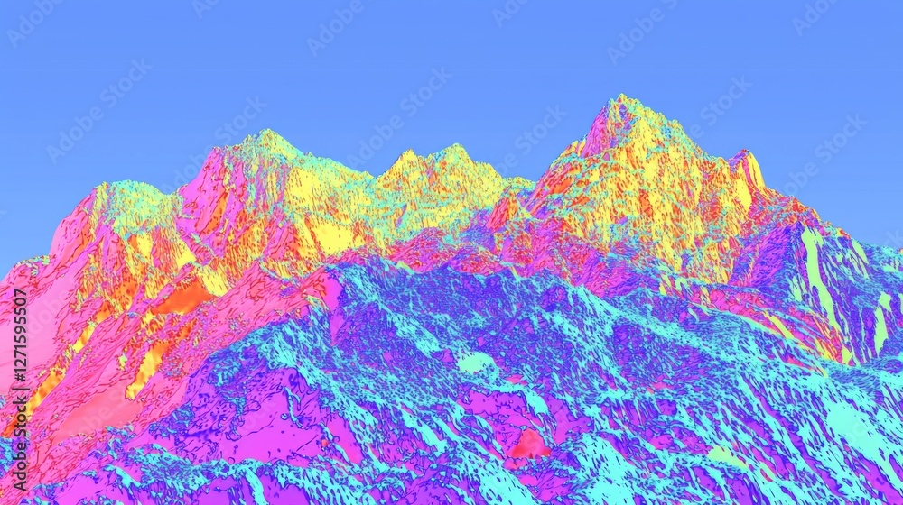 Fototapeta premium Vibrant Digital Rendering of Majestic Mountain Peaks with Colorful Textures and Clear Blue Sky Above