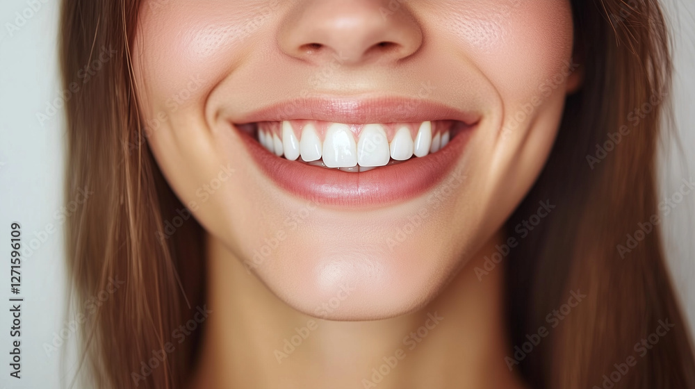 Close-up of a woman smiling, showing white and clean teeth, isolated on white background Close-up of a woman smiling, showing white and clean teeth, isolated on white background