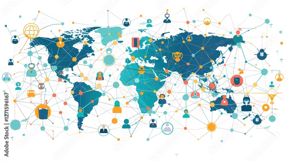Fototapeta premium Revolutionizing Global Communication Networks: Interconnected Business Nodes and Human Resources Collaboration Across Worldwide Platforms – Enabling Seamless Digital Connectivity, Cross-Border Teamwor