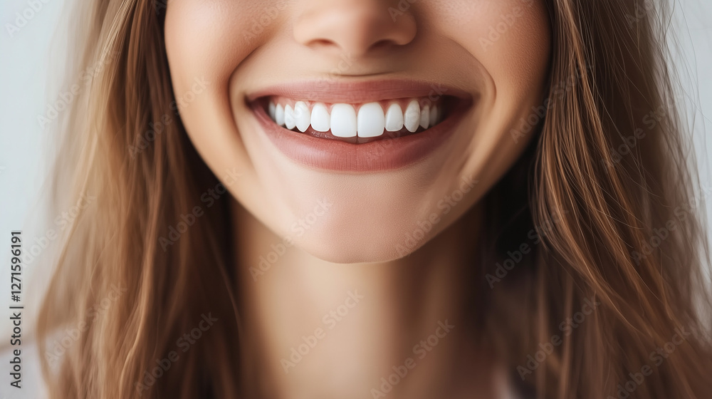 Close-up of a woman smiling, showing white and clean teeth, isolated on white background Close-up of a woman smiling, showing white and clean teeth, isolated on white background