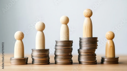 Wooden figures on stacked coins symbolizing socioeconomic inequality and wealth disparity photo