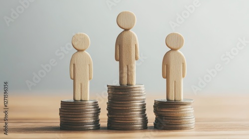 Wooden figures on stacked coins symbolizing socioeconomic inequality and wealth disparity photo