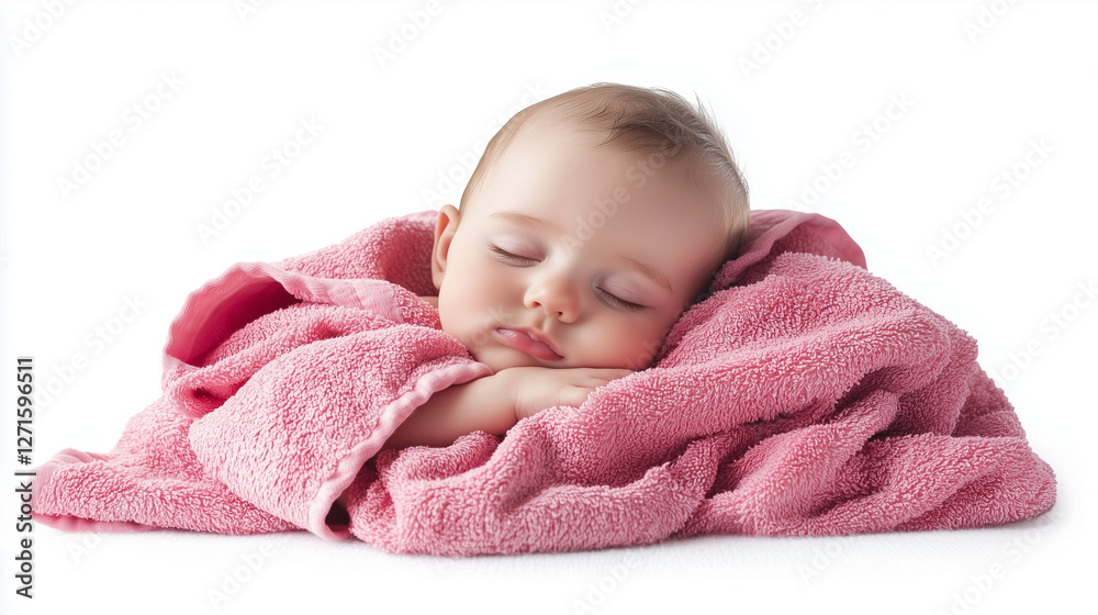 Newborn baby wrapped in pink towel while sleeping, isolated on white background Newborn baby wrapped in pink towel while sleeping, isolated on white background