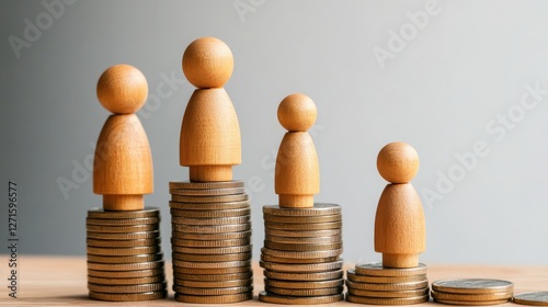 Wooden figures on stacked coins symbolizing socioeconomic inequality and wealth disparity photo