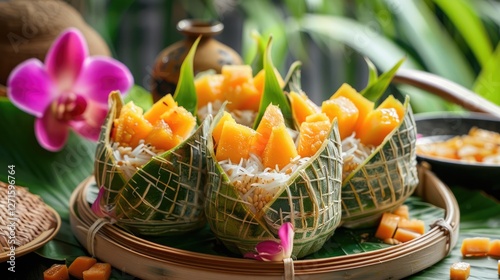 Vibrant tropical dessert featuring mango and coconut served in woven baskets with lush greenery in the background photo