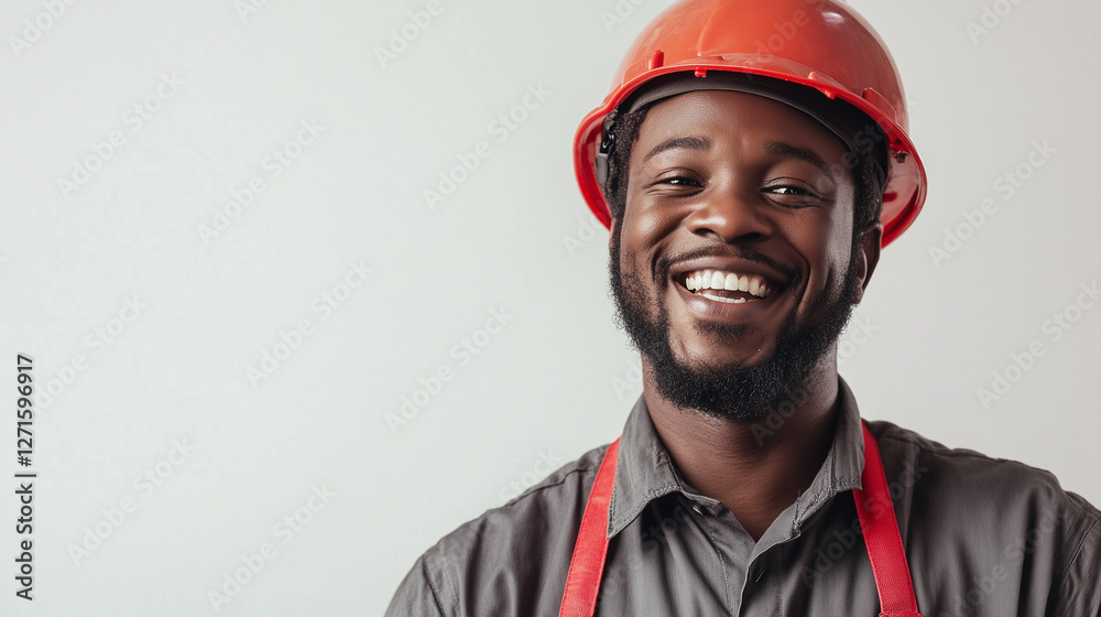 Fototapeta premium Smiling construction worker wearing helmet, isolated on white background