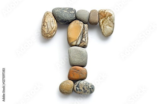 Pebble Letter T: Creative Alphabet Design, Smooth Stones, White Background, Natural Texture, Eco-Friendly Font, Summer Vibes, Beach Theme, Handcrafted Typography, Unique Letter Design, Stone Letter T,