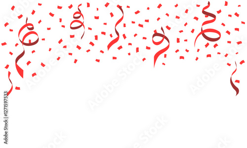 Many Red square small paper and ribbon falling isolated on white background. Confetti for birthday, party, festival fair, celebration, and congratulation. Vector illustration flat design.