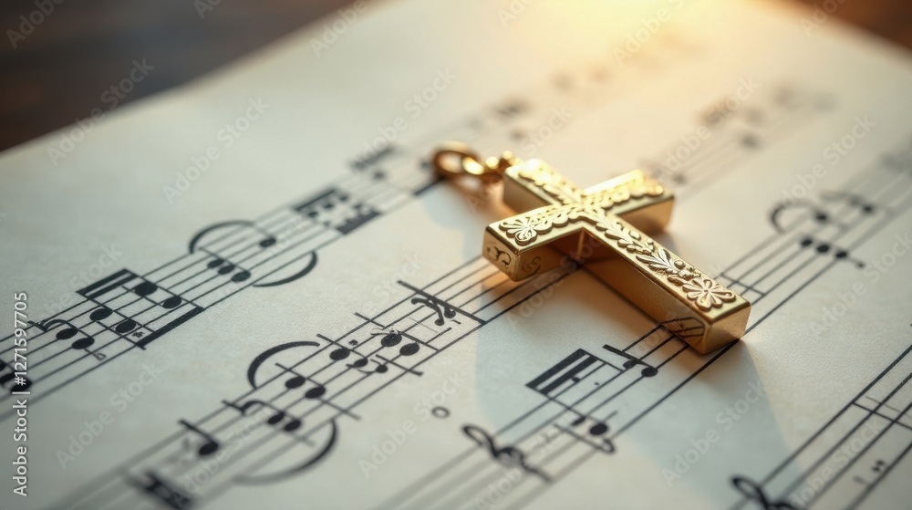 Ornate gold cross rests on musical sheet music, symbolizing faith and melody