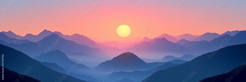 Fototapeta premium Minimalist Landscape, Vibrant Sunset over Mountains, Blue and Purple Gradient, Abstract Design