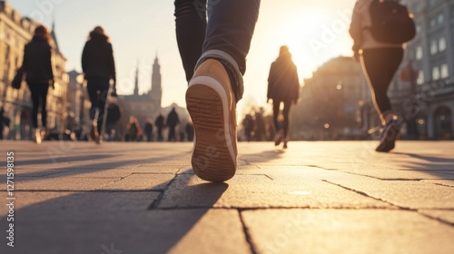 Fototapeta Naklejka Na Ścianę i Meble -  Urban walking scene, city street, sunlight. Possible use Stock photo for travel, city life