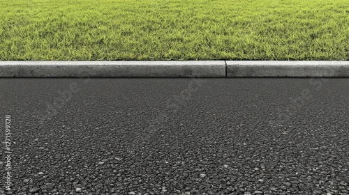 Contrast between asphalt road and fresh green grass alongside concrete curb