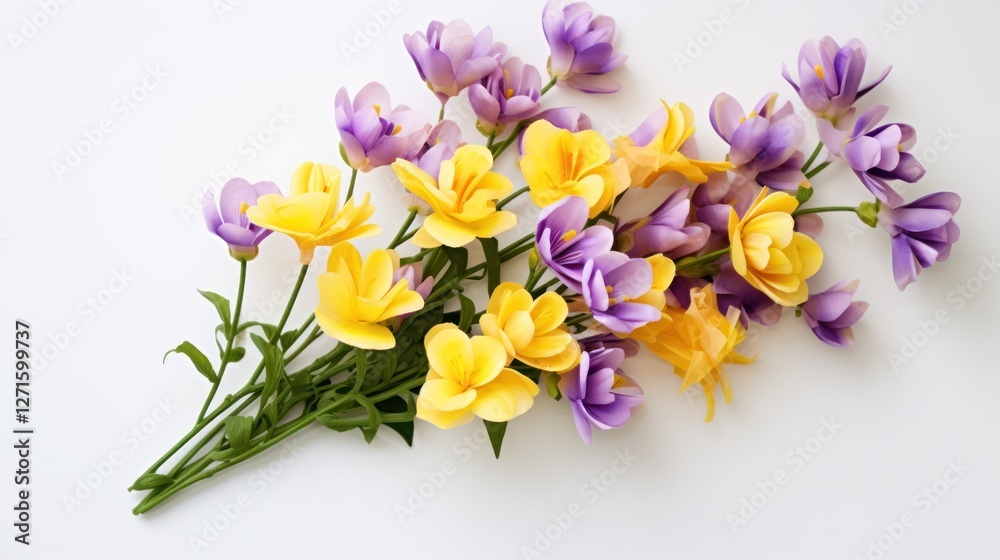 A cluster of yellow and violet freesia flowers with a soft, gentle gradient from one color to the other A cluster of yellow and violet freesia flowers with a soft, gentle gradient from one color to the other
