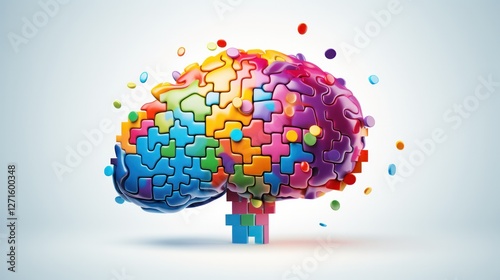 A human brain made of colorful puzzle pieces with light beams emerging from it symbolizing creativity and problem-solving