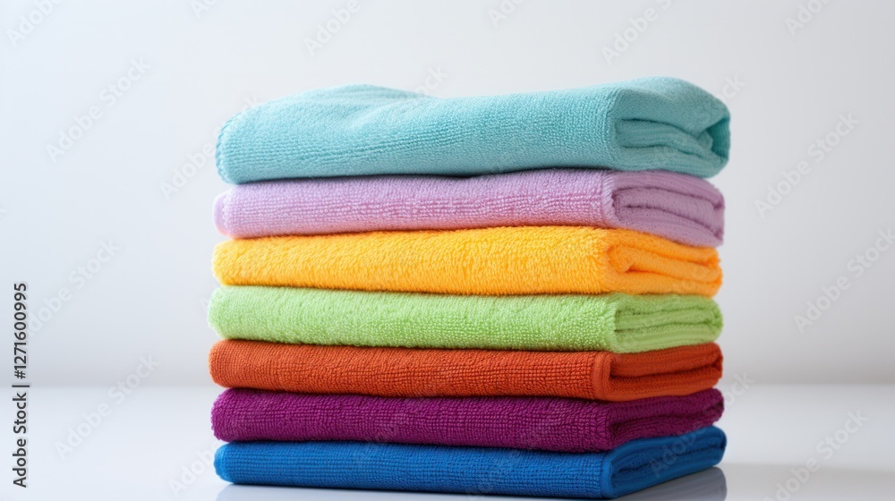 A stack of colorful hand towels neatly arranged on a white countertop, highlighting their plush fabric and vivid colors A stack of colorful hand towels neatly arranged on a white countertop, highlighting their plush fabric and vivid colors