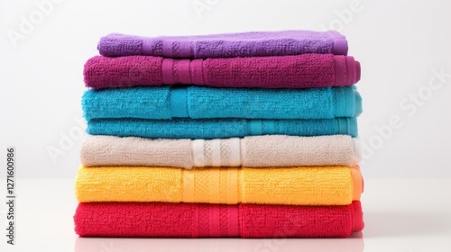 A stack of colorful hand towels neatly arranged on a white countertop, highlighting their plush fabric and vivid colors