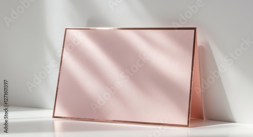 A pastel pink greeting card with a thin rose gold double border and copy space.