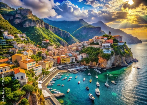 Amalfi Coast Anime: Stunning Aerial View of Italian Riviera, Vibrant Colors, Cliffside Towns