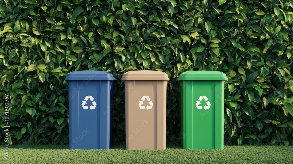 Colorful Recycling Bins Surrounded by Lush Green Foliage for Environmental Awareness and Sustainability Efforts Colorful Recycling Bins Surrounded by Lush Green Foliage for Environmental Awareness and Sustainability Efforts
